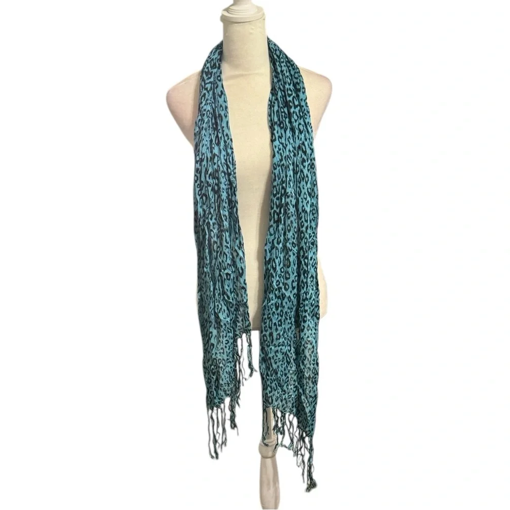 Cheetah print fringe scarf turquoise and black